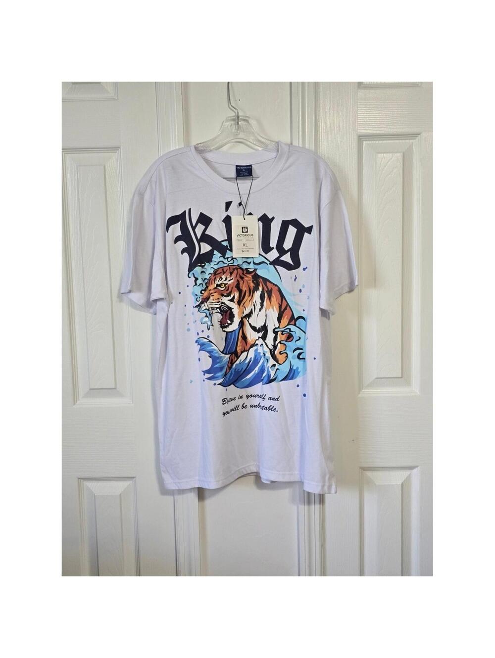 Victorious King Tiger Wave Graphic T Shirt XL White Mens Cotton